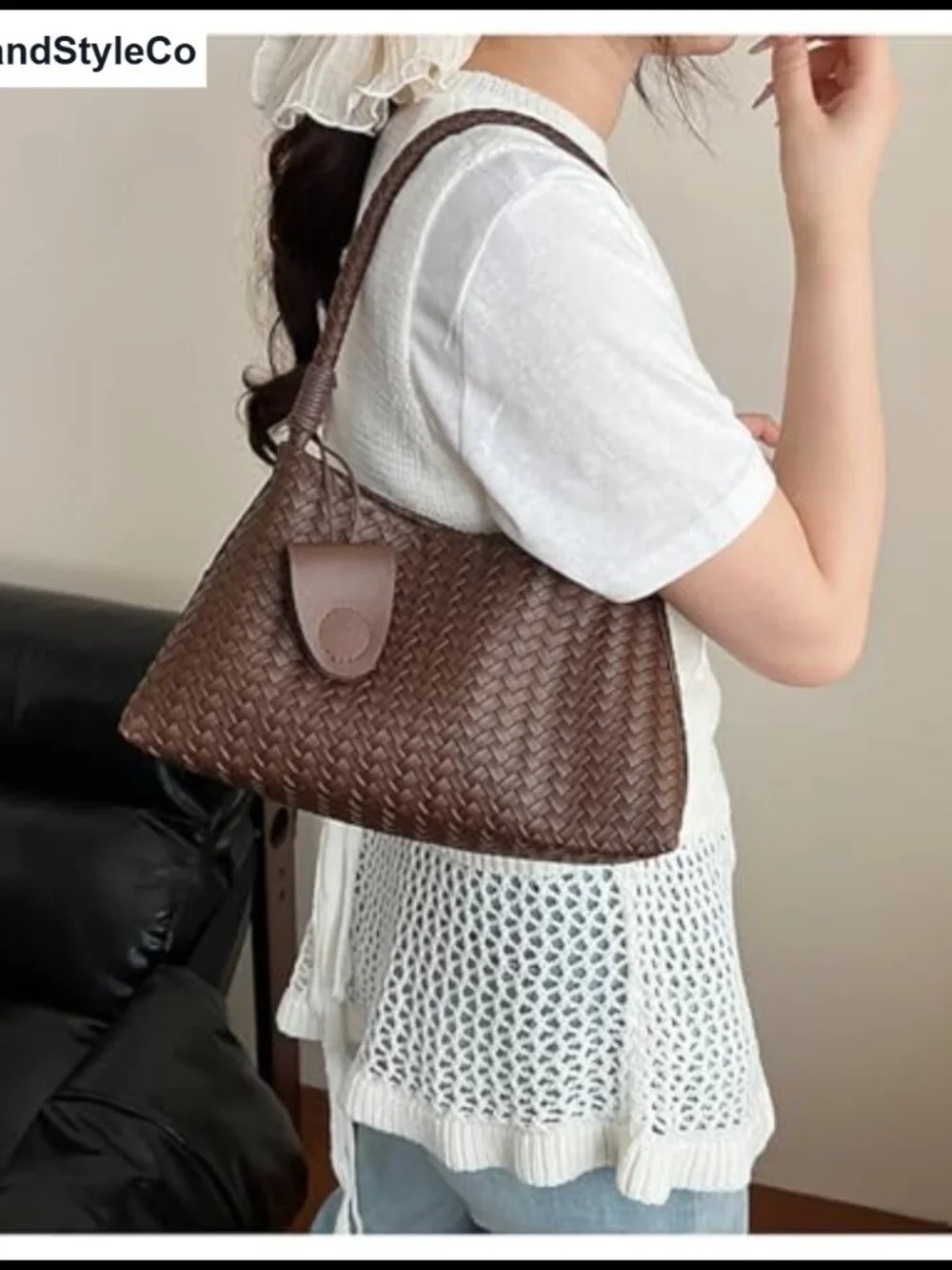 Woven Faux Leather Hobo Bag Women Slouchy Shoulder Purse Vegan Leather Tote